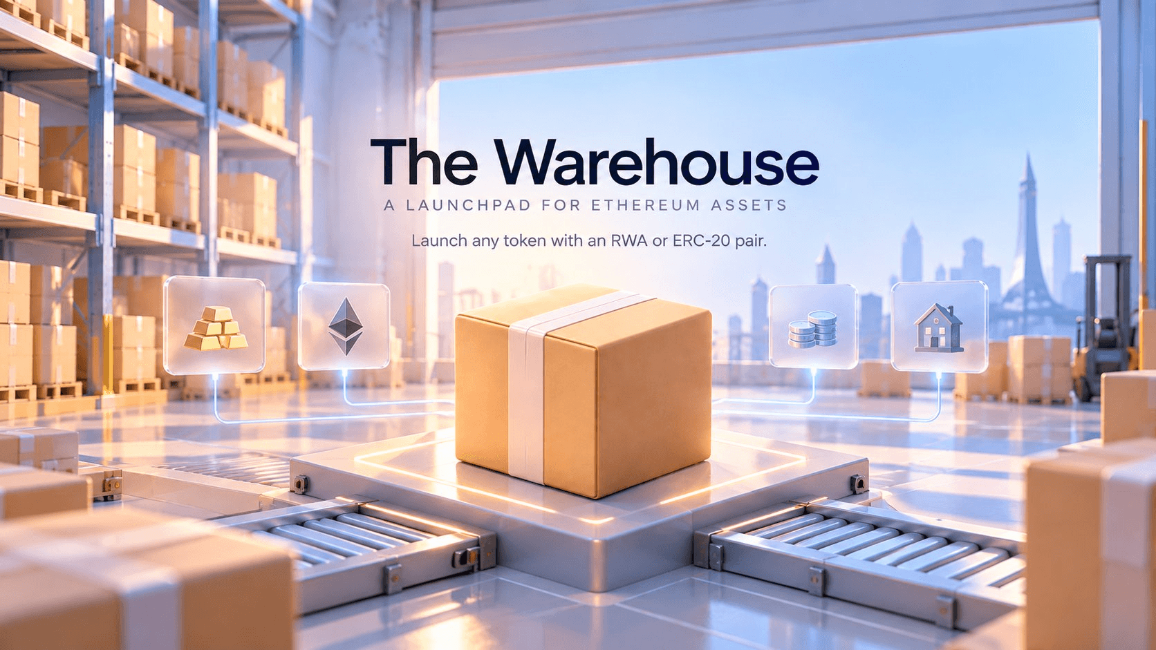 WAREHOUSE: a box on a launch platform between gold, ETH, stablecoins and real estate